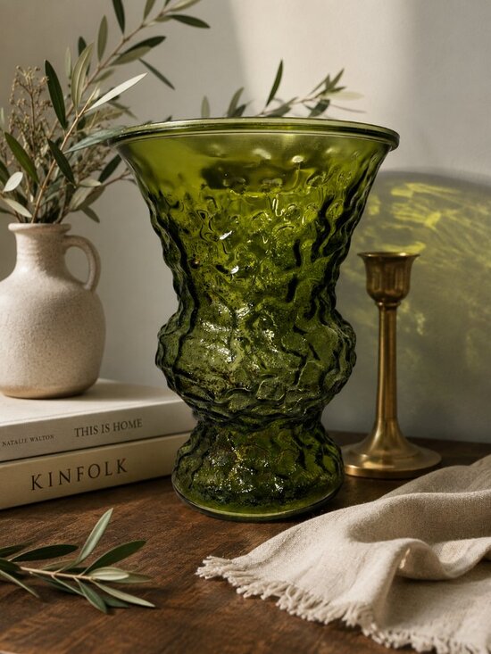 unmarked Other - Vintage Olive Green Textured Art Glass Vase 10” MCM Brutalist Retro Décor